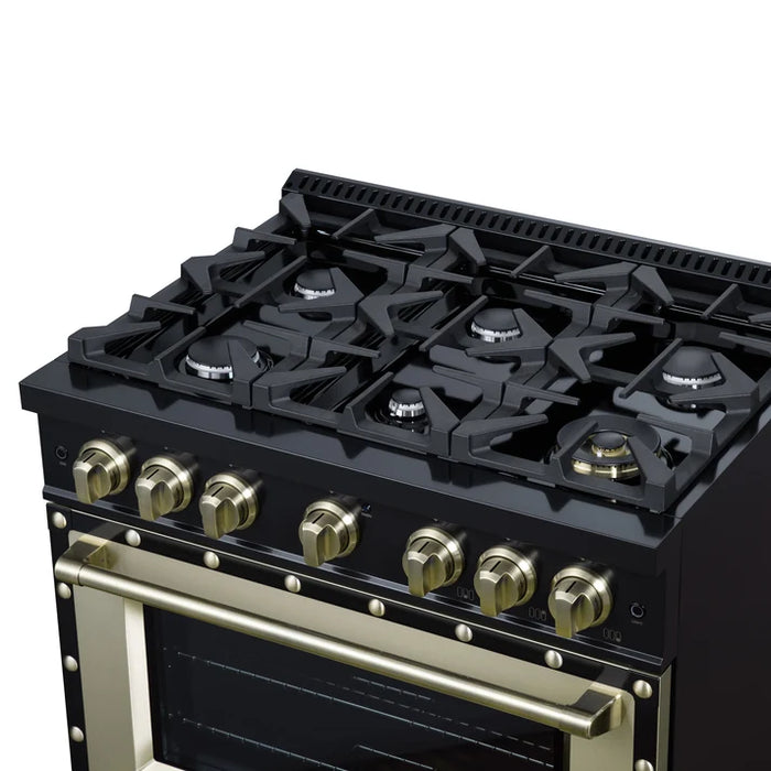 Forno Ambassador Valente 36" 5.2 cu. ft. Gas Range, 6 Sealed Burners, Convection Oven in White or Black with Antique Brass Accents and Copper Rivet Trim, FFSGS6299-36CPWHT