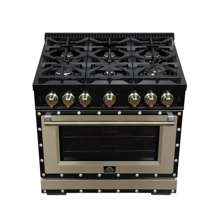 Forno Ambassador Valente 36" 5.2 cu. ft. Gas Range, 6 Sealed Burners, Convection Oven in White or Black with Antique Brass Accents and Copper Rivet Trim, FFSGS6299-36CPWHT