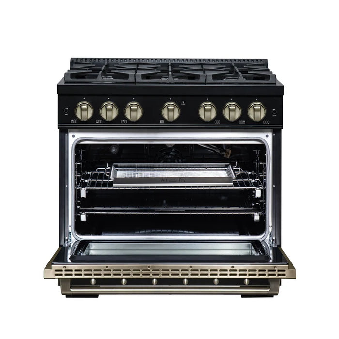 Forno Ambassador Valente 36" 5.2 cu. ft. Gas Range, 6 Sealed Burners, Convection Oven in White or Black with Antique Brass Accents and Copper Rivet Trim, FFSGS6299-36CPWHT