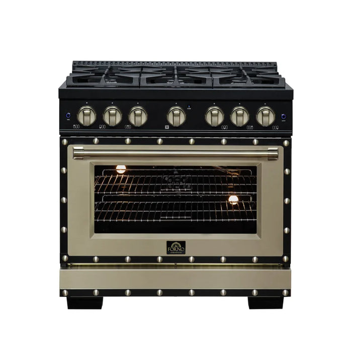 Forno Ambassador Valente 36" 5.2 cu. ft. Gas Range, 6 Sealed Burners, Convection Oven in White or Black with Antique Brass Accents and Copper Rivet Trim, FFSGS6299-36CPWHT