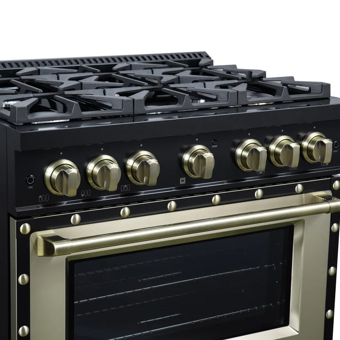 Forno Ambassador Valente 36" 5.2 cu. ft. Gas Range, 6 Sealed Burners, Convection Oven in White or Black with Antique Brass Accents and Copper Rivet Trim, FFSGS6299-36CPWHT