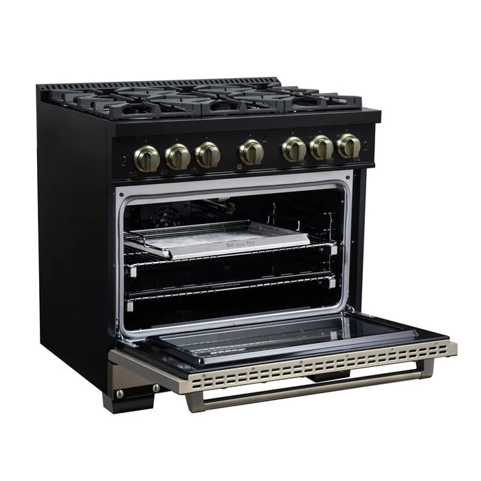 Forno Ambassador Valente 36" 5.2 cu. ft. Gas Range, 6 Sealed Burners, Convection Oven in White or Black with Antique Brass Accents and Copper Rivet Trim, FFSGS6299-36CPWHT