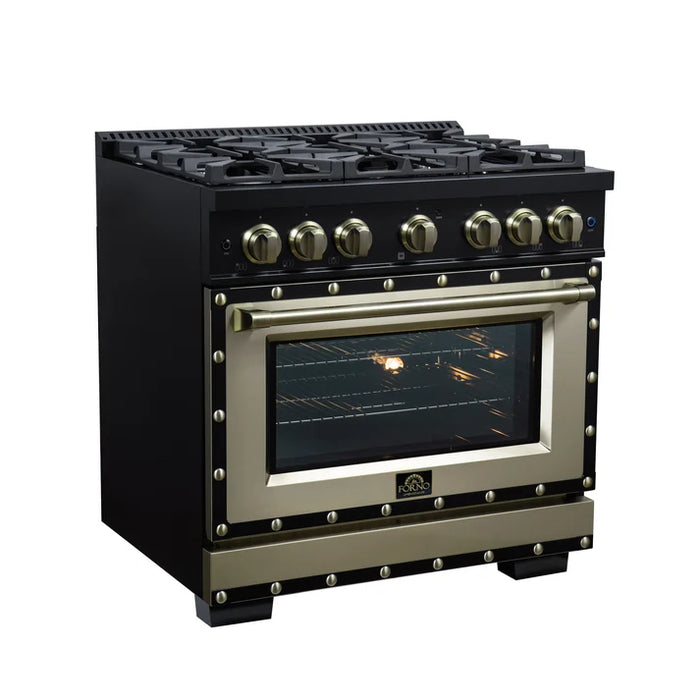 Forno Ambassador Valente 36" 5.2 cu. ft. Gas Range, 6 Sealed Burners, Convection Oven in White or Black with Antique Brass Accents and Copper Rivet Trim, FFSGS6299-36CPWHT
