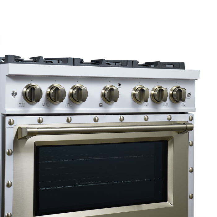 Forno Ambassador Valente 36" 5.2 cu. ft. Gas Range, 6 Sealed Burners, Convection Oven in White or Black with Antique Brass Accents and Copper Rivet Trim, FFSGS6299-36CPWHT