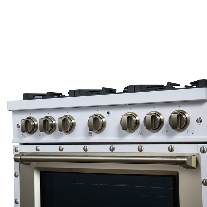 Forno Ambassador Valente 36" 5.2 cu. ft. Gas Range, 6 Sealed Burners, Convection Oven in White or Black with Antique Brass Accents and Copper Rivet Trim, FFSGS6299-36CPWHT