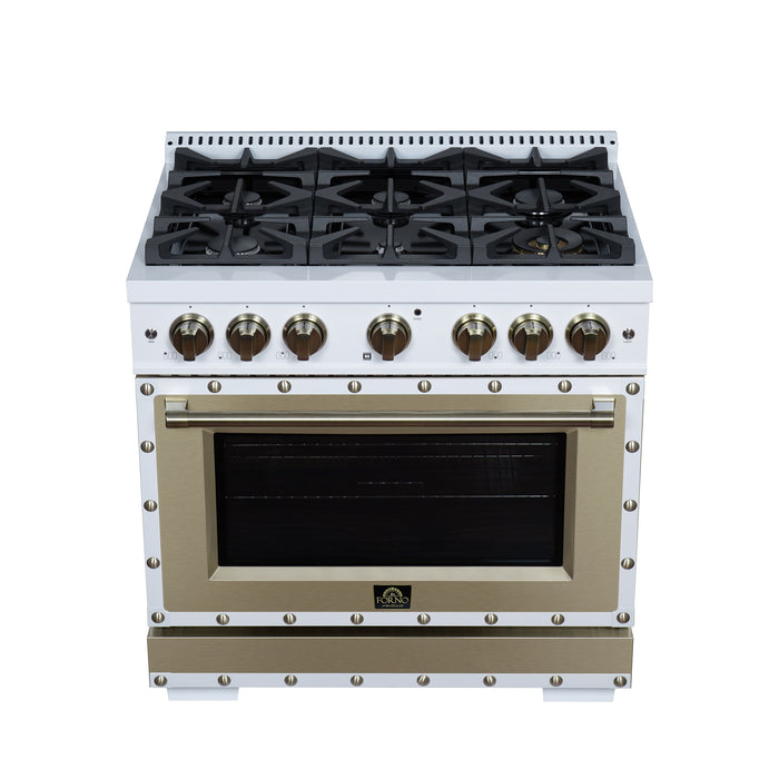 Forno Ambassador Valente 36" 5.2 cu. ft. Gas Range, 6 Sealed Burners, Convection Oven in White or Black with Antique Brass Accents and Copper Rivet Trim, FFSGS6299-36CPWHT