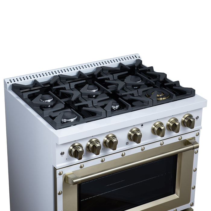 Forno Ambassador Valente 36" 5.2 cu. ft. Gas Range, 6 Sealed Burners, Convection Oven in White or Black with Antique Brass Accents and Copper Rivet Trim, FFSGS6299-36CPWHT