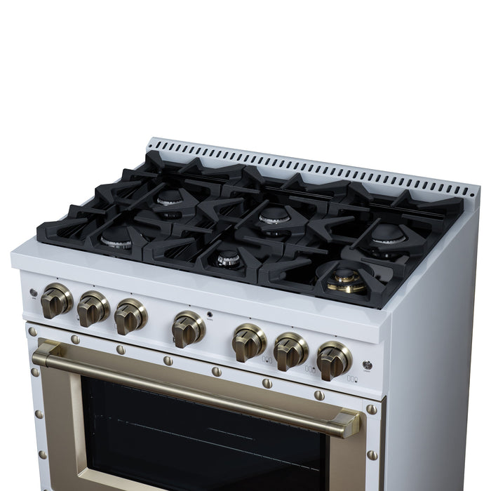 Forno Ambassador Valente 36" 5.2 cu. ft. Gas Range, 6 Sealed Burners, Convection Oven in White or Black with Antique Brass Accents and Copper Rivet Trim, FFSGS6299-36CPWHT