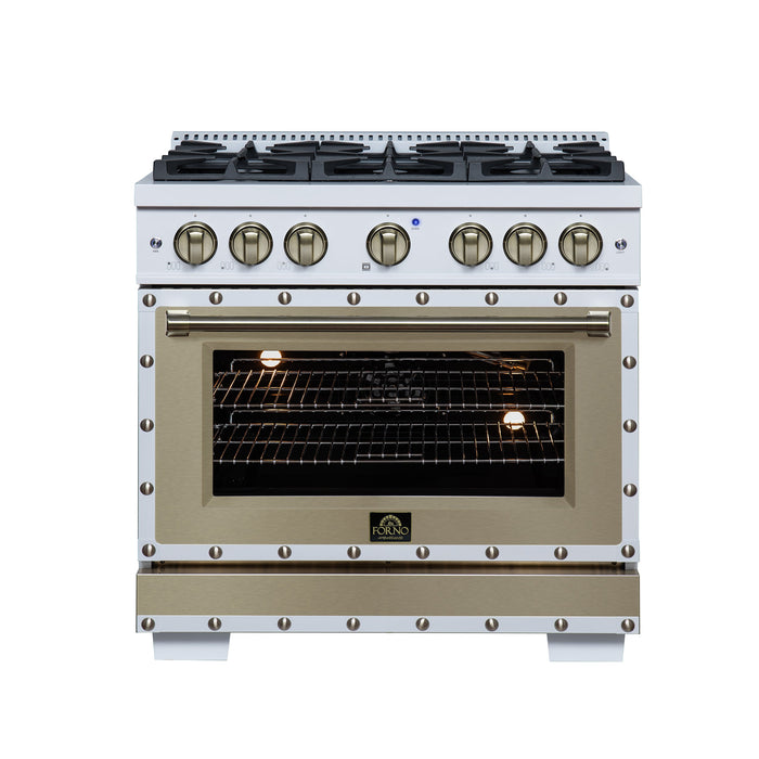 Forno Ambassador Valente 36" 5.2 cu. ft. Gas Range, 6 Sealed Burners, Convection Oven in White or Black with Antique Brass Accents and Copper Rivet Trim, FFSGS6299-36CPWHT