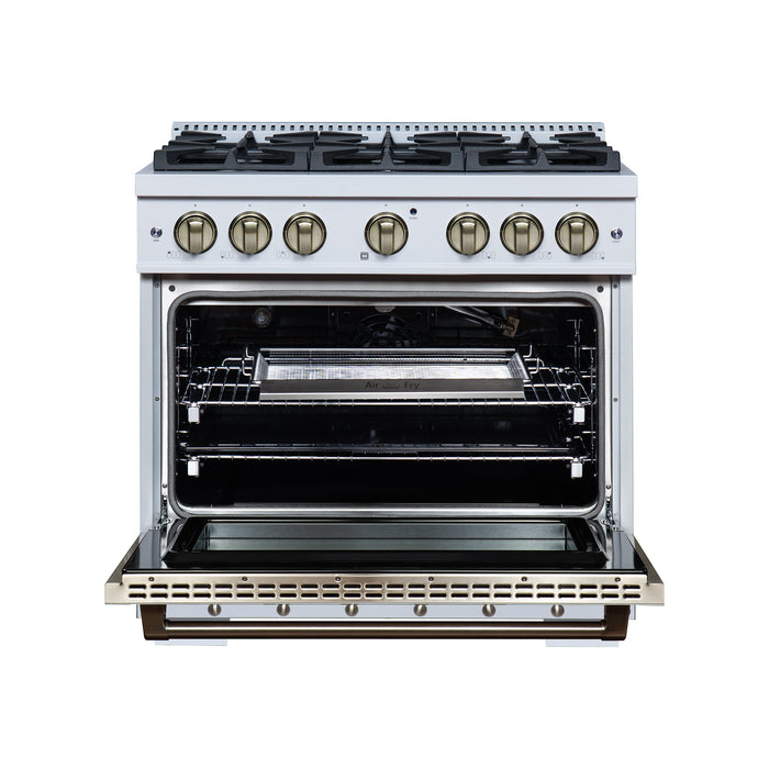 Forno Ambassador Valente 36" 5.2 cu. ft. Gas Range, 6 Sealed Burners, Convection Oven in White or Black with Antique Brass Accents and Copper Rivet Trim, FFSGS6299-36CPWHT
