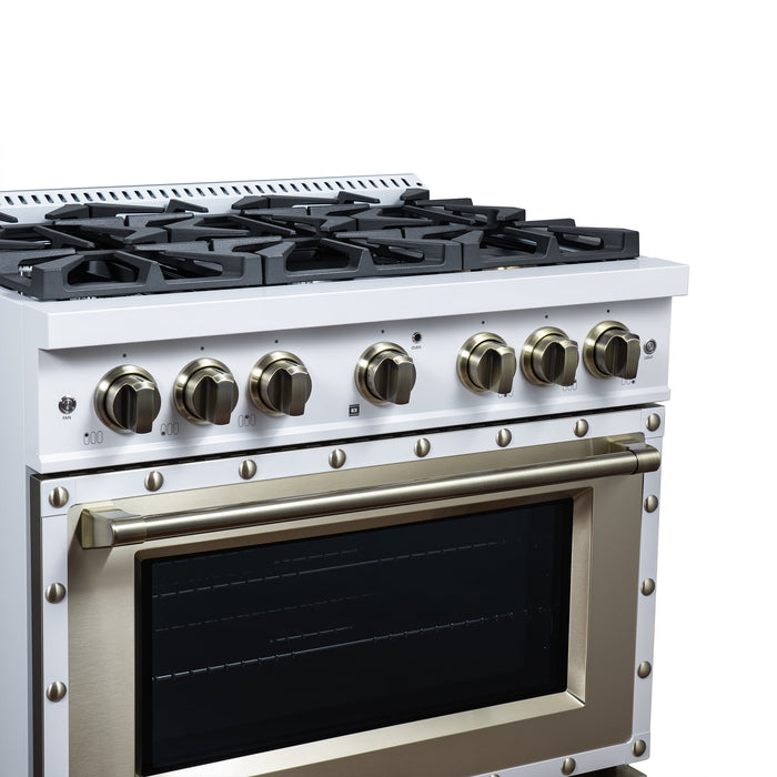 Forno Ambassador Valente 36" 5.2 cu. ft. Gas Range, 6 Sealed Burners, Convection Oven in White or Black with Antique Brass Accents and Copper Rivet Trim, FFSGS6299-36CPWHT