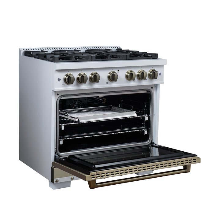 Forno Ambassador Valente 36" 5.2 cu. ft. Gas Range, 6 Sealed Burners, Convection Oven in White or Black with Antique Brass Accents and Copper Rivet Trim, FFSGS6299-36CPWHT