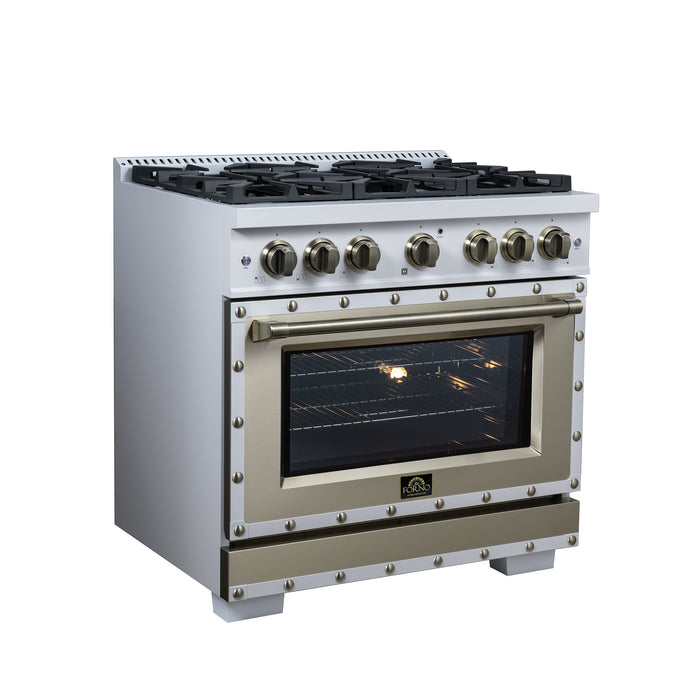 Forno Ambassador Valente 36" 5.2 cu. ft. Gas Range, 6 Sealed Burners, Convection Oven in White or Black with Antique Brass Accents and Copper Rivet Trim, FFSGS6299-36CPWHT