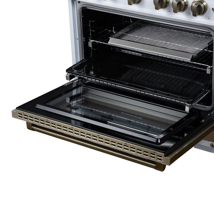 Forno Ambassador Valente 36" 5.2 cu. ft. Gas Range, 6 Sealed Burners, Convection Oven in White or Black with Antique Brass Accents and Copper Rivet Trim, FFSGS6299-36CPWHT