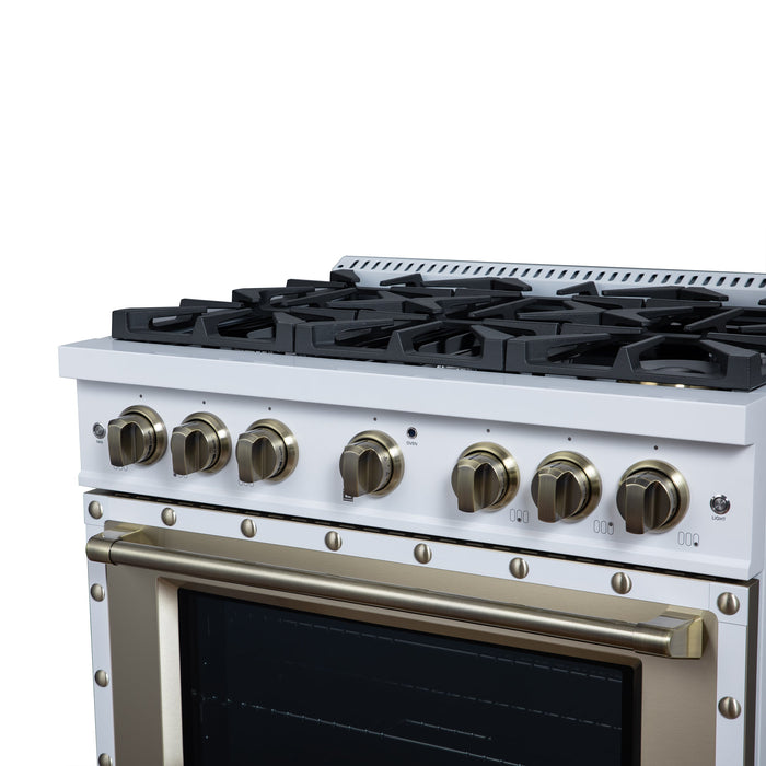 Forno Ambassador Valente 36" 5.2 cu. ft. Gas Range, 6 Sealed Burners, Convection Oven in White or Black with Antique Brass Accents and Copper Rivet Trim, FFSGS6299-36CPWHT