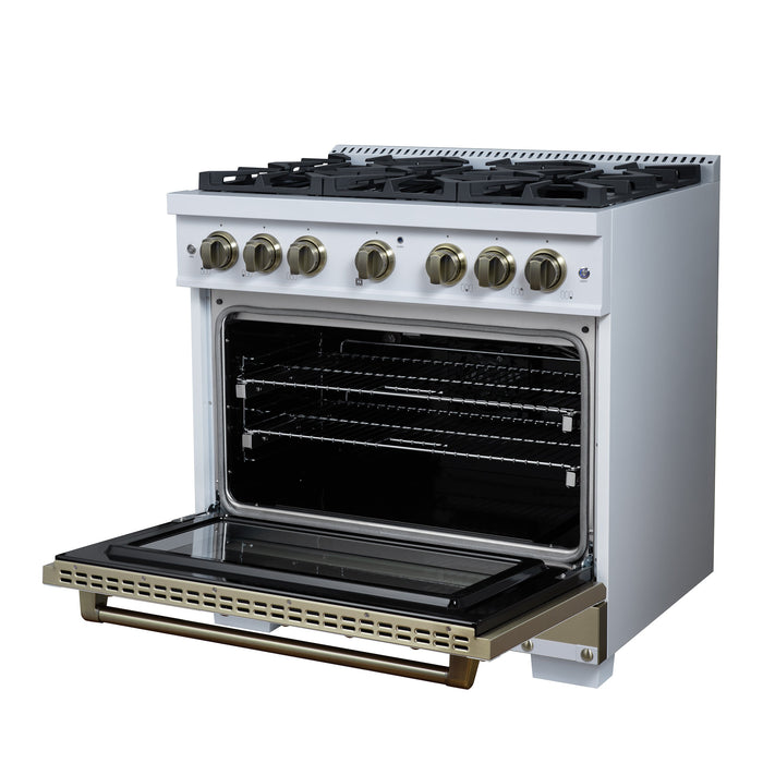 Forno Ambassador Valente 36" 5.2 cu. ft. Gas Range, 6 Sealed Burners, Convection Oven in White or Black with Antique Brass Accents and Copper Rivet Trim, FFSGS6299-36CPWHT