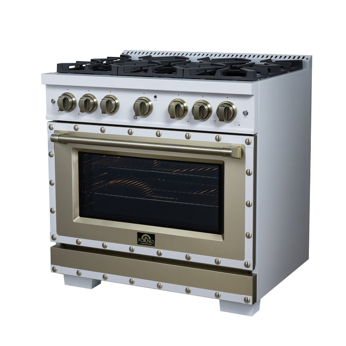 Forno Ambassador Valente 36" 5.2 cu. ft. Gas Range, 6 Sealed Burners, Convection Oven in White or Black with Antique Brass Accents and Copper Rivet Trim, FFSGS6299-36CPWHT