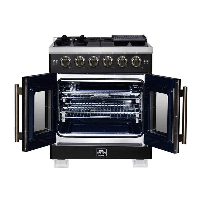 Forno Capriasca 30" 4.32 cu. ft. French Door Gas Range with 5 Brass Burners, Air Fryer Kit, Rotisserie Kit, Wok Support & Griddle in Stainless Steel, White or Black (FFSGS6460-30)