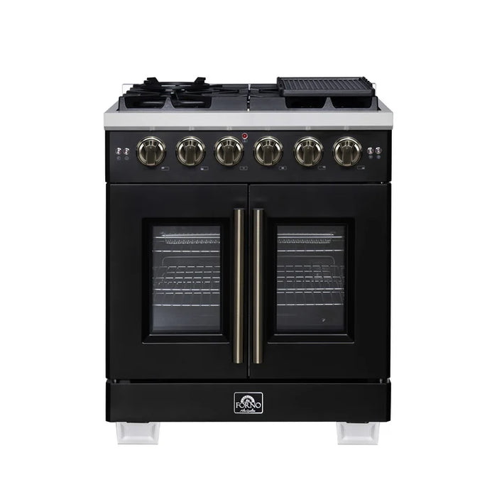 Forno Capriasca 30" 4.32 cu. ft. French Door Gas Range with 5 Brass Burners, Air Fryer Kit, Rotisserie Kit, Wok Support & Griddle in Stainless Steel, White or Black (FFSGS6460-30)