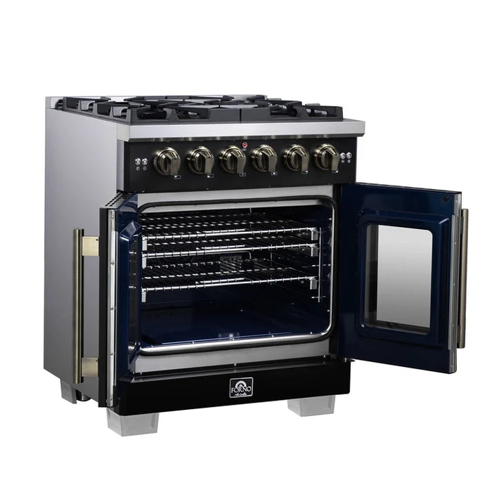 Forno Capriasca 30" 4.32 cu. ft. French Door Gas Range with 5 Brass Burners, Air Fryer Kit, Rotisserie Kit, Wok Support & Griddle in Stainless Steel, White or Black (FFSGS6460-30)