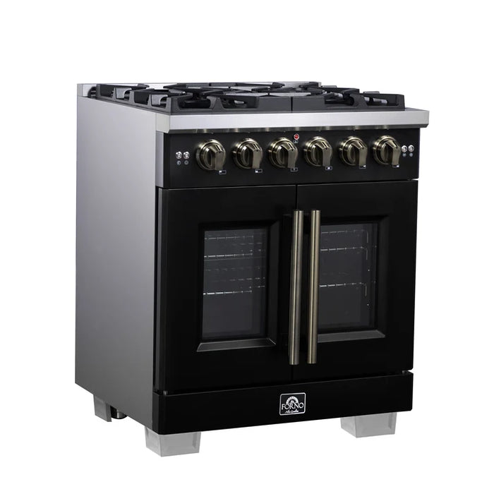 Forno Capriasca 30" 4.32 cu. ft. French Door Gas Range with 5 Brass Burners, Air Fryer Kit, Rotisserie Kit, Wok Support & Griddle in Stainless Steel, White or Black (FFSGS6460-30)