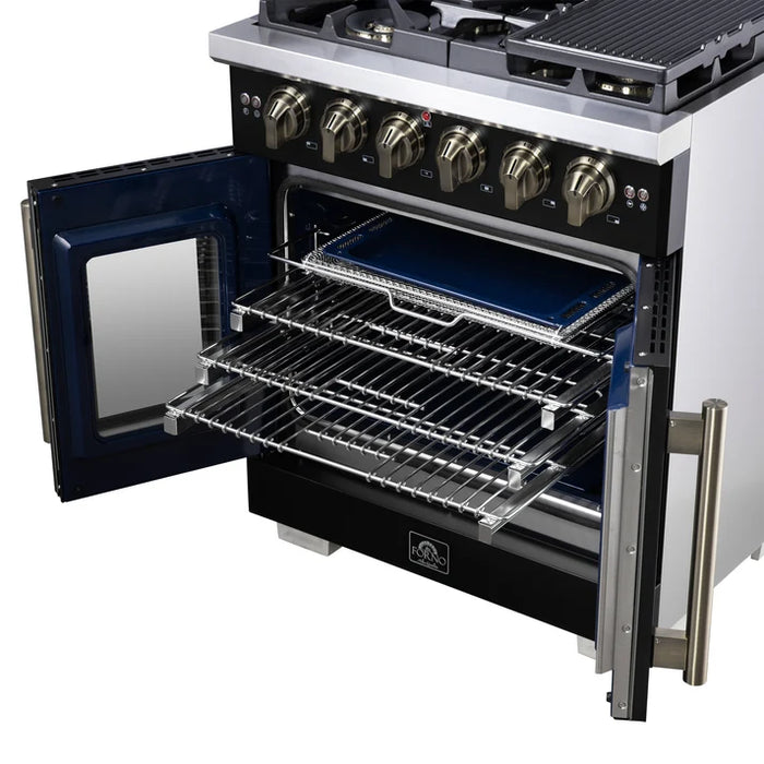 Forno Capriasca 30" 4.32 cu. ft. French Door Gas Range with 5 Brass Burners, Air Fryer Kit, Rotisserie Kit, Wok Support & Griddle in Stainless Steel, White or Black (FFSGS6460-30)
