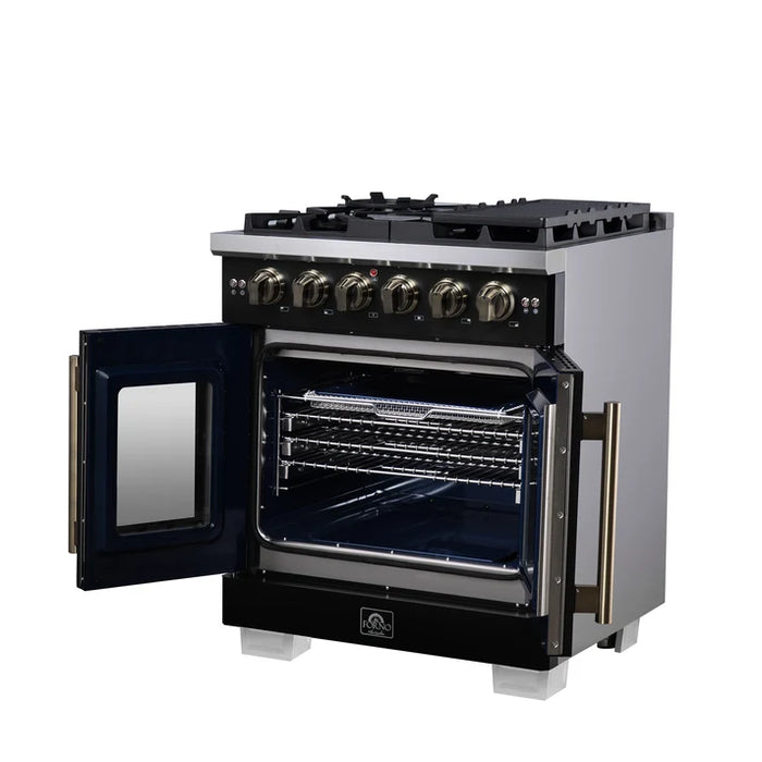 Forno Capriasca 30" 4.32 cu. ft. French Door Gas Range with 5 Brass Burners, Air Fryer Kit, Rotisserie Kit, Wok Support & Griddle in Stainless Steel, White or Black (FFSGS6460-30)