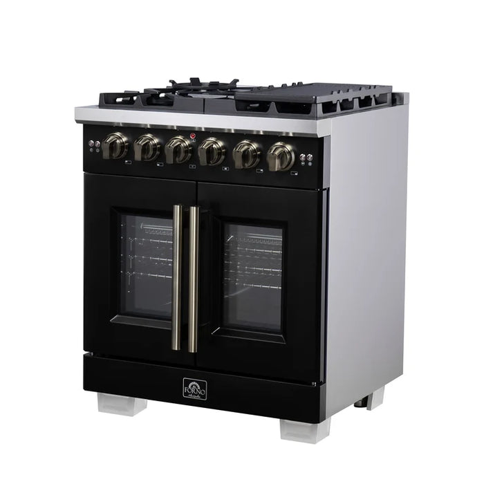 Forno Capriasca 30" 4.32 cu. ft. French Door Gas Range with 5 Brass Burners, Air Fryer Kit, Rotisserie Kit, Wok Support & Griddle in Stainless Steel, White or Black (FFSGS6460-30)