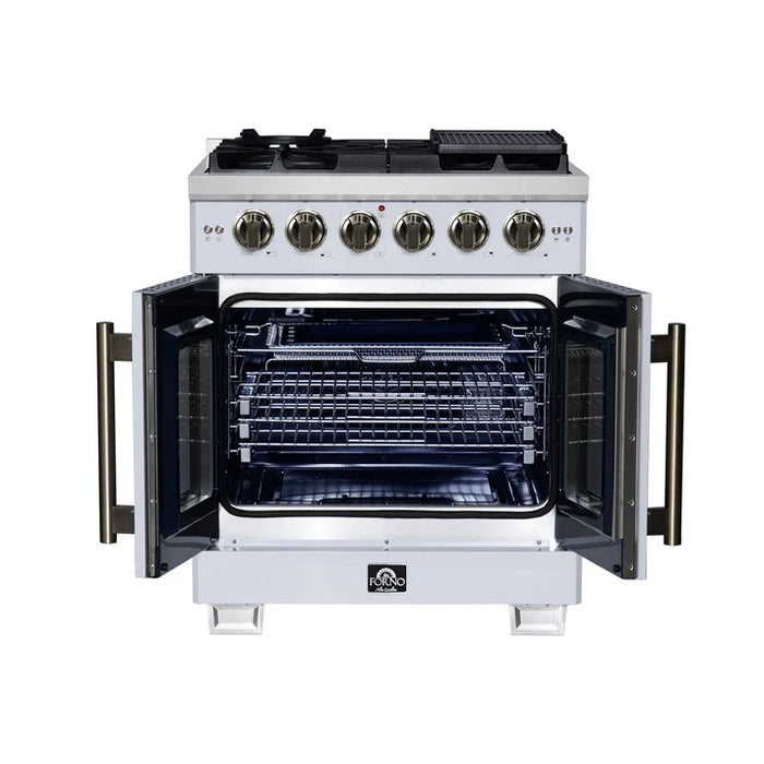 Forno Capriasca 30" 4.32 cu. ft. French Door Gas Range with 5 Brass Burners, Air Fryer Kit, Rotisserie Kit, Wok Support & Griddle in Stainless Steel, White or Black (FFSGS6460-30)