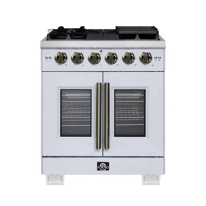 Forno Capriasca 30" 4.32 cu. ft. French Door Gas Range with 5 Brass Burners, Air Fryer Kit, Rotisserie Kit, Wok Support & Griddle in Stainless Steel, White or Black (FFSGS6460-30)