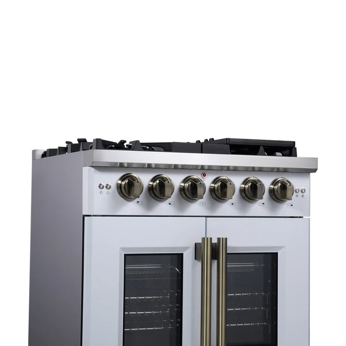 Forno Capriasca 30" 4.32 cu. ft. French Door Gas Range with 5 Brass Burners, Air Fryer Kit, Rotisserie Kit, Wok Support & Griddle in Stainless Steel, White or Black (FFSGS6460-30)