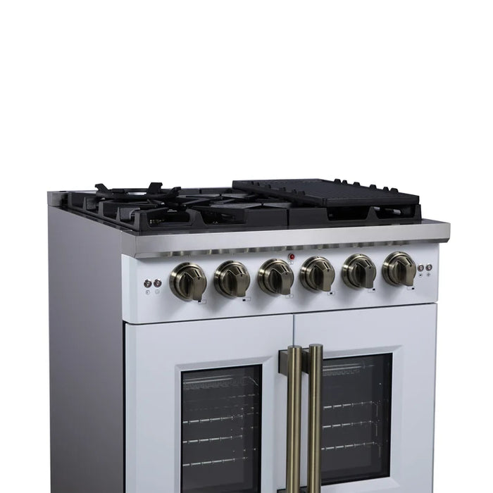 Forno Capriasca 30" 4.32 cu. ft. French Door Gas Range with 5 Brass Burners, Air Fryer Kit, Rotisserie Kit, Wok Support & Griddle in Stainless Steel, White or Black (FFSGS6460-30)