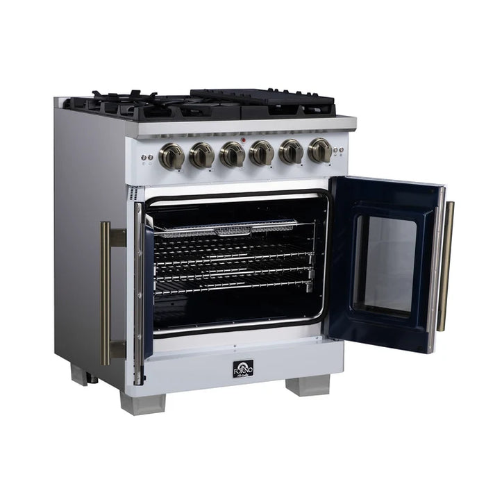 Forno Capriasca 30" 4.32 cu. ft. French Door Gas Range with 5 Brass Burners, Air Fryer Kit, Rotisserie Kit, Wok Support & Griddle in Stainless Steel, White or Black (FFSGS6460-30)