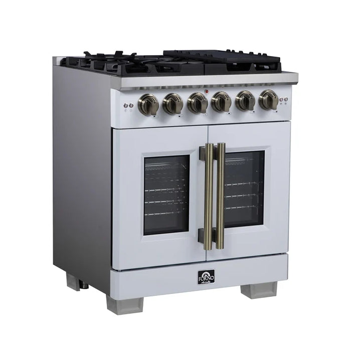 Forno Capriasca 30" 4.32 cu. ft. French Door Gas Range with 5 Brass Burners, Air Fryer Kit, Rotisserie Kit, Wok Support & Griddle in Stainless Steel, White or Black (FFSGS6460-30)