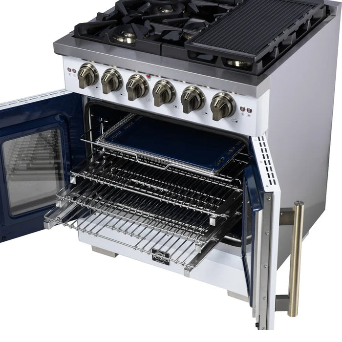 Forno Capriasca 30" 4.32 cu. ft. French Door Gas Range with 5 Brass Burners, Air Fryer Kit, Rotisserie Kit, Wok Support & Griddle in Stainless Steel, White or Black (FFSGS6460-30)
