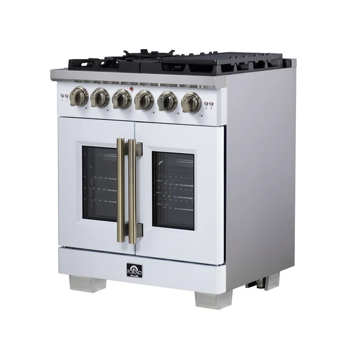 Forno Capriasca 30" 4.32 cu. ft. French Door Gas Range with 5 Brass Burners, Air Fryer Kit, Rotisserie Kit, Wok Support & Griddle in Stainless Steel, White or Black (FFSGS6460-30)
