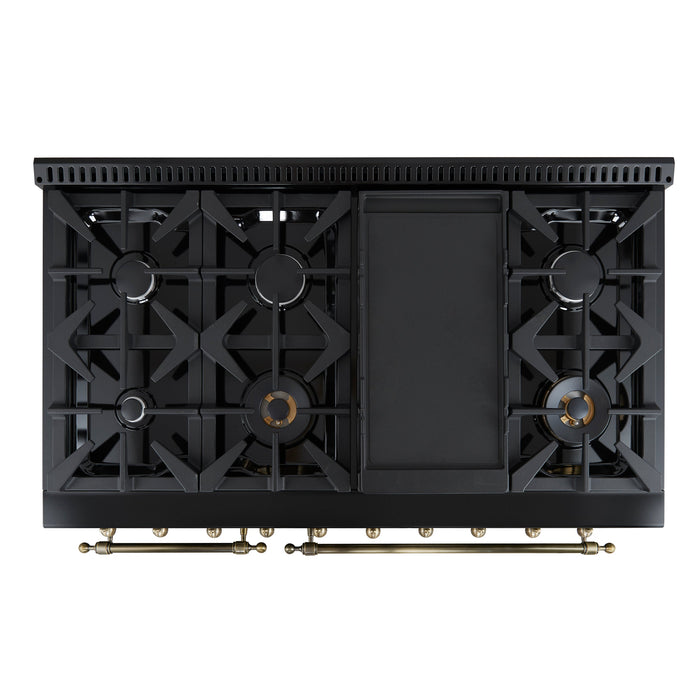 Forno Antico 48" Gas Range with 8 Burners and Griddle - Black or White, Antique Brass Accents