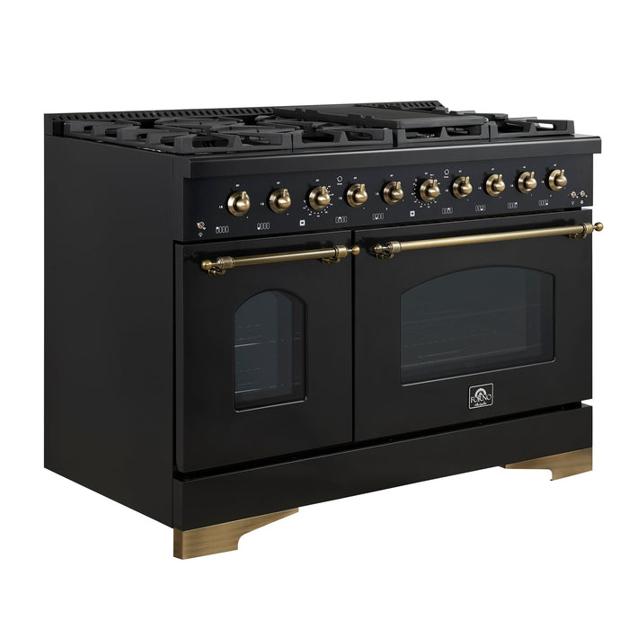 Forno Antico 48" Gas Range with 8 Burners and Griddle - Black or White, Antique Brass Accents