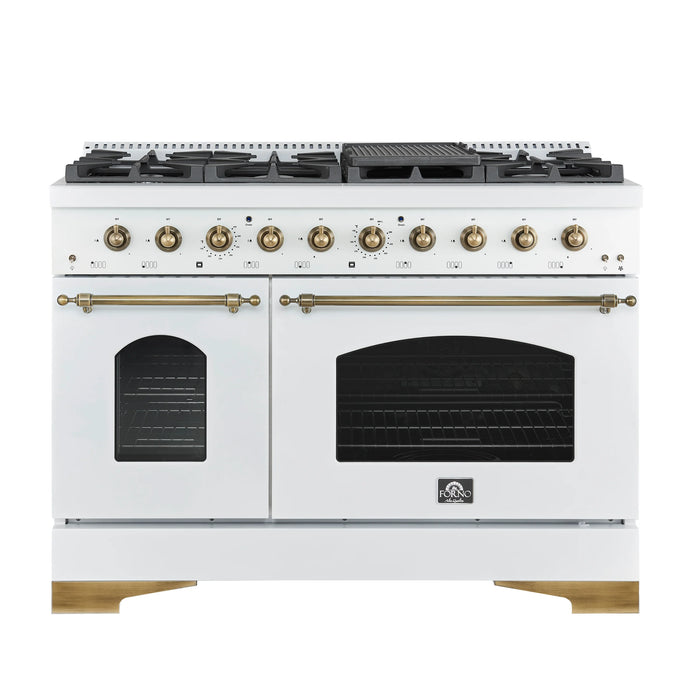 Forno Antico 48" Dual Fuel Range with 8 Burners and Griddle - Black or White, Antique Brass Accents