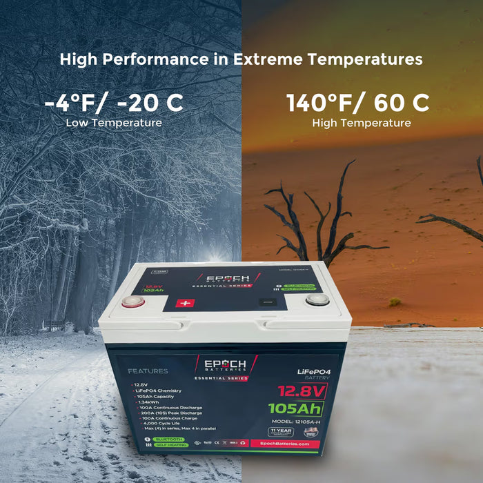 Epoch Batteries 12V 105Ah Essential Series - Bluetooth & Heated LiFePO4 Battery