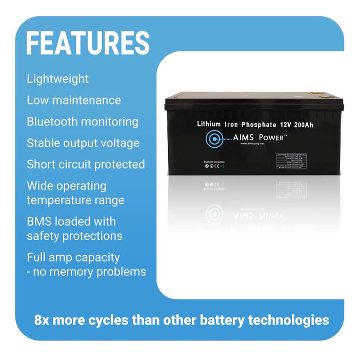 AIMS Power Lithium Battery Lithium Iron Phosphate with Bluetooth Monitoring - 12V 200Ah LiFePO4