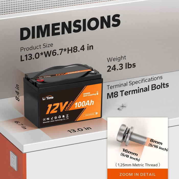 LiTime 12V 100Ah Self Heating LiFePO4 Lithium 4D Battery