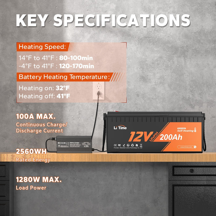 LiTime 12V 200Ah Self-Heating Lithium 4D Battery - 100A BMS