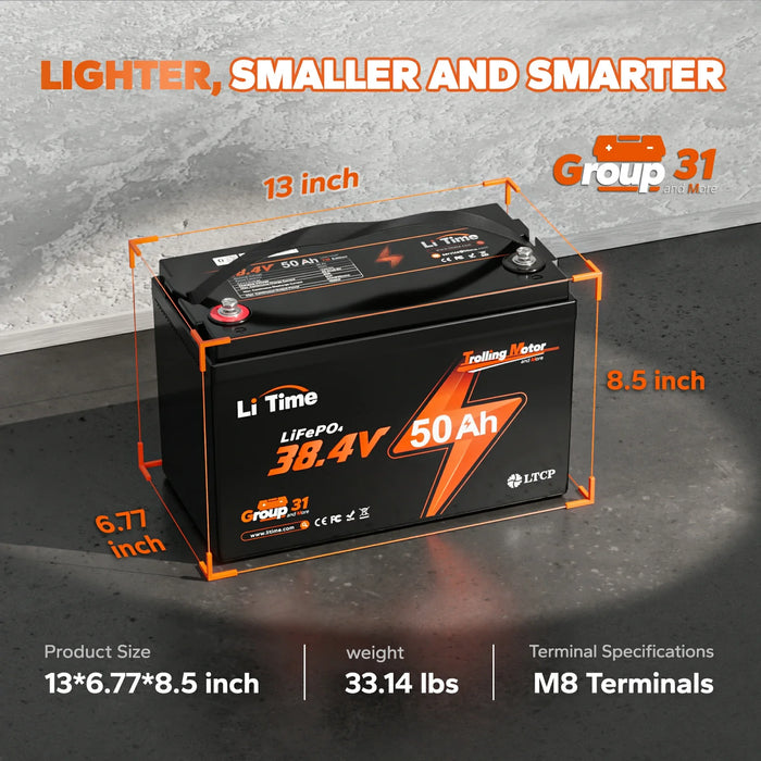 LiTime 36V 50Ah Marine Trolling Motor LiFePO4 Lithium Battery