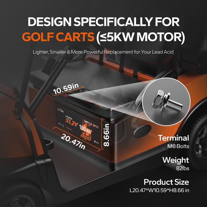 LiTime 48V (51.2V) 100Ah Golf Cart Bluetooth Lithium Battery With Low-Temp Protection