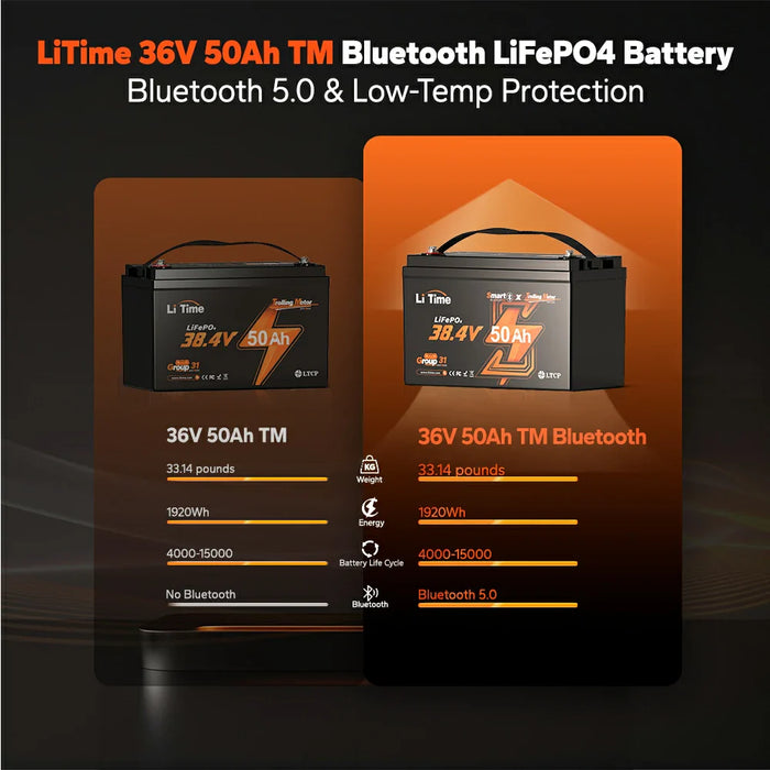 LiTime 36V 50Ah Marine Trolling Motor Lithium Bluetooth Battery