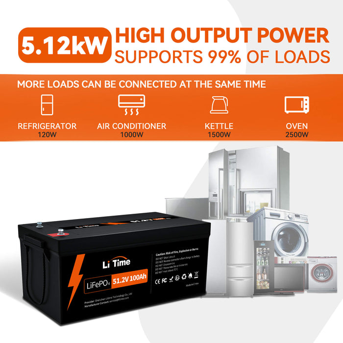 LiTime 51.2V 100Ah LiFePO4 Lithium 8D Battery, Built-In 100A BMS, Max. 5120W Load Power