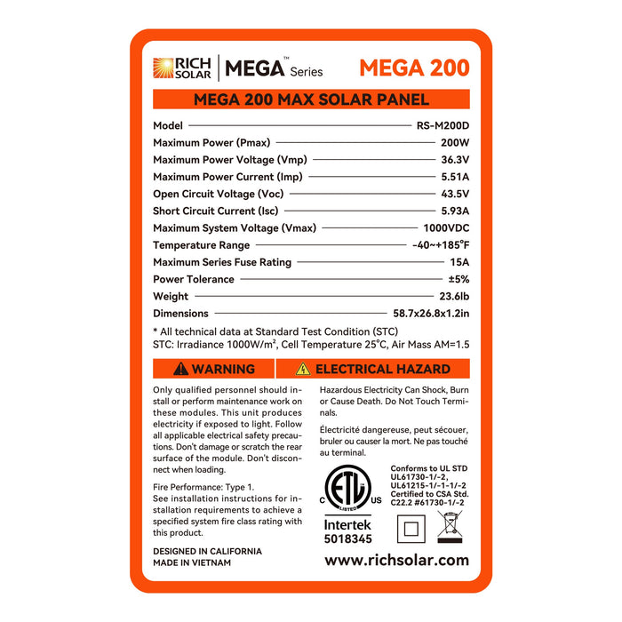 Rich Solar Mega 200 Max - 200W 24V Off-Grid Solar Panel