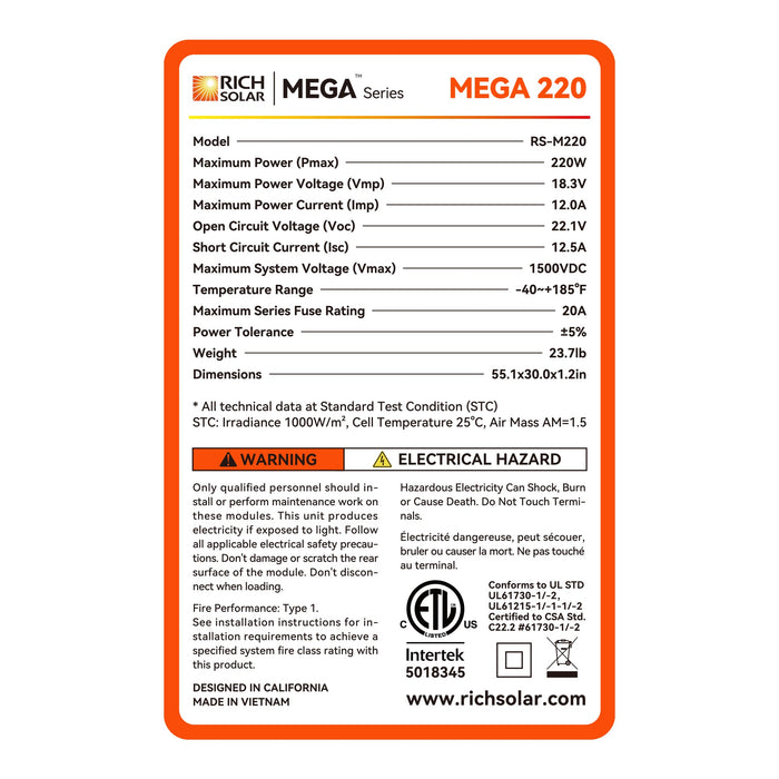 Rich Solar Mega 220 - 220W 12V Off-Grid Solar Panel