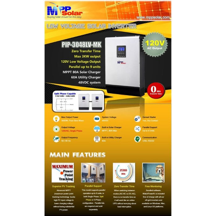 MPP Solar 3048LV-MK 120VAC 3000W 48V Off-Grid Solar Inverter + MPPT Solar Charger 80A, (PV input 145Vdc) + Battery Charger 60A 3048LV-MK (3KW 48V)